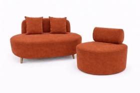 Kit Sofá Orgânico Feijão Para Sala Quarto 115 Cm 02 Almofadas e Poltrona Orgânica Decorativa Flora Veludo Terra Cota