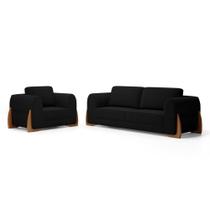Kit Sofá Poltrona Bloom Sala de Estar Bouclê Preto Abmaza