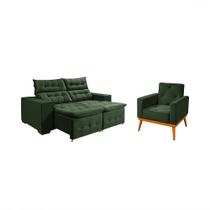 Kit Sofá Retratil Reclinável Bari 1,90 Pillow Mais Poltrona Florença em Veludo Verde Kit Sofá Retratil Reclinável Bari 1,90 Pillow Mais Poltrona Florença em Veludo Verde