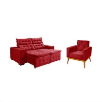 Kit Sofá Retratil Reclinável Bari 1,90 Pillow Mais Poltrona Florença em Veludo Vermelho Kit Sofá Retratil Reclinável Bari 1,90 Pillow Mais Poltrona Florença em Veludo Vermelho