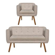 Kit Sofá Retrô Namoradeira 2 Lugares e Poltrona Decorativa Julia Suede Bege - D'Rossi