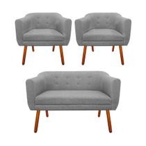 Kit Sofá Retrô Namoradeira e 02 Poltronas Decorativa Julia Linho Cinza A26 - D'Rossi Kit Sofá Retrô Namoradeira e 02 Poltronas Decorativa Julia Linho Cinza A26 - D'Rossi