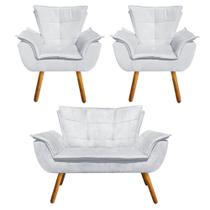 Kit Sofá Retrô Namoradeira e 02 Poltronas Opala Suede Cinza - D'Rossi Kit Sofá Retrô Namoradeira e 02 Poltronas Opala Suede Cinza - D'Rossi