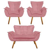 Kit Sofá Retrô Namoradeira e 02 Poltronas Opala Suede Rose - D'Rossi