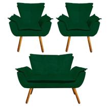 Kit Sofá Retrô Namoradeira e 02 Poltronas Opala Suede Verde - D'Rossi Kit Sofá Retrô Namoradeira e 02 Poltronas Opala Suede Verde - D'Rossi