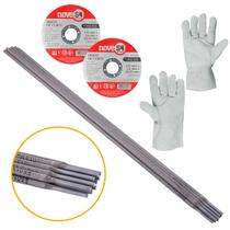 Kit Solda 10 Eletrodos E6013 2,5 MM + 2 Disco de Corte e Par de Luva Vaqueta em Couro Aço Metalon Kit Solda 10 Eletrodos E6013 2,5 MM + 2 Disco de Corte e Par de Luva Vaqueta em Couro Aço Metalon