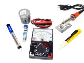 Kit soldagem 60w 220v + multimetro analógico + caneta + sugador + estanho + pasta