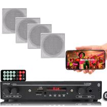 Kit Som Ambiente Amplificador Bt Fm+4 Arandelas Quadradas