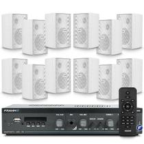 Kit Som Ambiente Restaurante Bluetooth Receiver Slim 1600 Usb Sd + 12 Caixas Acustica Ps200 Branca