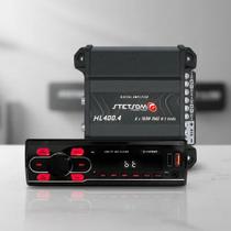 Kit Som: Rádio Bluetooth Mp3 Controle Usb + Amplificador 4 Canais 400w Preto Kit Som: Rádio Bluetooth Mp3 Controle Usb + Amplificador 4 Canais 400w Preto
