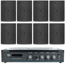 Kit Sonorização Som Ambiente Frahm Slim 1800 60W RMS Bluetooth 8 Caixas Pretas Bivolt para Lojas