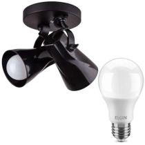 Kit Spot Octa Duplo E27 Abs Preto + 2 Lâmpada 6W Led 6500K