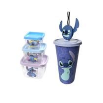 Kit Stitch Copo com Canudo + 3 Potes Conect Infantil Escolar Plasutil