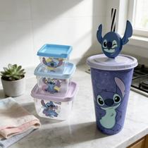 Kit Stitch Copo com Canudo Refri Conjunto de 3 Potes Conect Organizadores Infantil Escolar Plasutil Lilo Disney