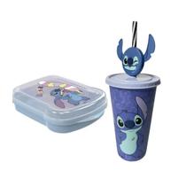 Kit Stitch Copo com Canudo + Sanduicheira Porta Lanche Infantil Escola Plasútil