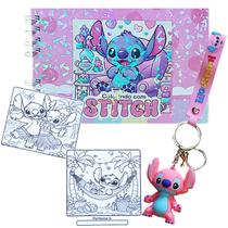 Kit Stitch: Livro Colorir Papel Grosso Capa Dura Holográfico + Chaveiro Temático Emborrachado 3D = 2 Produtos
