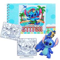 Kit Stitch: Livro Colorir Papel Grosso Capa Dura Holográfico + Chaveiro Temático Emborrachado 3D = 2 Produtos