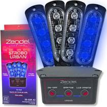 Kit strobo urban + central comando 12v 24v zendel com 4 faróis azul ambulancia viatura sinal zd-sur-az