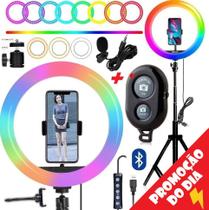 Kit Studio Anel Iluminador Ring Light Colorido Luz Led Rgb 26cm Tripé 2,10m Suporte Celular + Microfone Gravação Vídeo