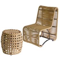 Kit Suécia com 1 Poltrona e 1 Puff Trama Colmeia em Corda Sintética para Área Interna e Externa - Teca Estonado