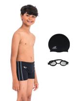 Kit Sunga Boxer Infantil Helanca C/ Detalhe + Óculos + Touca Natação Hammerhead