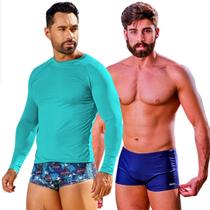 Kit Sunga Tradicional Boxer Camisa Proteção Malha Fria Natação Segunda Pele Compressão Manga Longa Masculina Uv 50+ Praia Piscina Surf