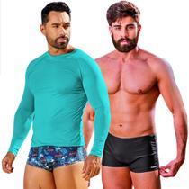 Kit Sunga Tradicional Boxer Camisa Proteção Malha Fria Natação Segunda Pele Compressão Manga Longa Masculina Uv 50+ Praia Piscina Surf