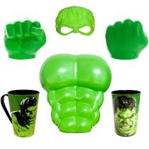 Kit Super-Herói Verde Luvas Máscara + Copo e Caneca do Hulk