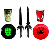 Kit Super-Heróis Espadas c/ Escudos + Copo Hulk e Homem Aranha