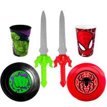 Kit Super-Heróis Espadas c/ Escudos + Copo Hulk e Homem Aranha