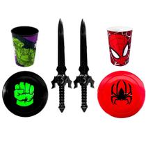 Kit Super Herois Huk e Teia Aranha para Meninos Copo Espada de Brinquedo e Escudo