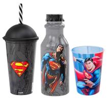 Kit Super Homem Garrafinha Copo Shake e Copo Refri Superman - Plasútil