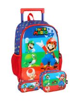 Kit Super Mario Mochila De Rodas Lancheira Estojo Vermelho