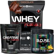 Kit Suplemento Combo Whey Turbo 907g + Creatina 150g + Pre Treino B.O.P.E 150g Bope - Black Skull