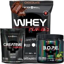 Kit Suplemento Combo Whey Turbo 907g + Creatina 150g + Pre Treino B.O.P.E 150g Bope - Black Skull