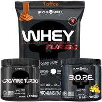 Kit Suplemento Combo Whey Turbo 907g + Creatina 150g + Pre Treino B.O.P.E 150g Bope - Black Skull