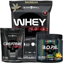 Kit Suplemento Combo Whey Turbo 907g + Creatina 150g + Pre Treino B.O.P.E 150g Bope - Black Skull