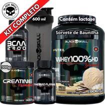 Kit Suplemento Whey 100% HD POTE Gourmet 900g + Creatina Turbo 300g + Termogênico Thermo Flame + Bcaa 2400 + Coqueteleira Shaker - Black Skull Kit Suplemento Whey 100% HD POTE Gourmet 900g + Creatina Turbo 300g + Termogênico Thermo Flame + Bcaa 2400 + Coqueteleira Shaker - Black Skull