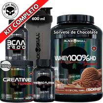 Kit Suplemento Whey 100% HD POTE Gourmet 900g + Creatina Turbo 300g + Termogênico Thermo Flame + Bcaa 2400 + Coqueteleira Shaker - Black Skull