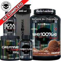 Kit Suplemento Whey 100% HD POTE Gourmet 900g + Creatina Turbo 300g + Termogênico Thermo Flame + Bcaa 2400 + Coqueteleira Shaker - Black Skull