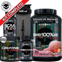 Kit Suplemento Whey 100% HD POTE Gourmet 900g + Creatina Turbo 300g + Termogênico Thermo Flame + Bcaa 2400 + Coqueteleira Shaker - Black Skull