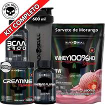 Kit Suplemento Whey 100% HD REFIL Gourmet 900g + Creatina Turbo 300g + Termogênico Thermo Flame + Bcaa 2400 + Coqueteleira Shaker - Black Skull