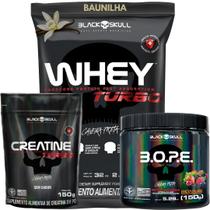 Kit Suplemento Whey Turbo 907g + Creatina 150g + Pre Treino B.O.P.E 150g Bope - Black Skull