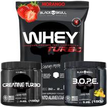 Kit Suplemento Whey Turbo 907g + Creatina 150g + Pre Treino B.O.P.E 150g Bope - Black Skull