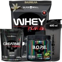 Kit Suplementos Black Skull ( Creatina 150g + Whey turbo 907g + Pré treino 150g + Coqueteleira )