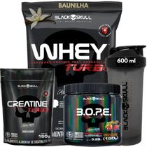 Kit Suplementos Black Skull ( Creatina 150g + Whey turbo 907g + Pré treino 150g + Coqueteleira )