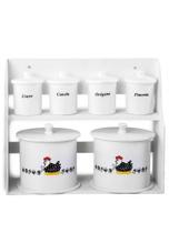 Kit Suporte + 6 Porta Condimentos Mantimentos Branco Galinha Ninho