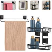 Kit Suporte Banheiro Porta Shampoo Porta Toalha Duplo Preto Fosco Fixação Ventosa Sem Furo Arthi Kit Suporte Banheiro Porta Shampoo Porta Toalha Duplo Preto Fosco Fixação Ventosa Sem Furo Arthi