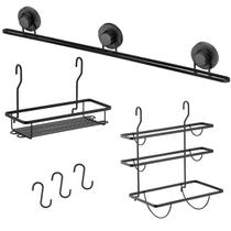 Kit Suporte Barra Cozinha Preta 70cm 3 Ganchos Ventosa Porta Rolos Temperos Condimentos - Schmitt