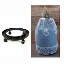 Kit Suporte Botijão Com Rodinhas + Capa Bujão Renda Branco